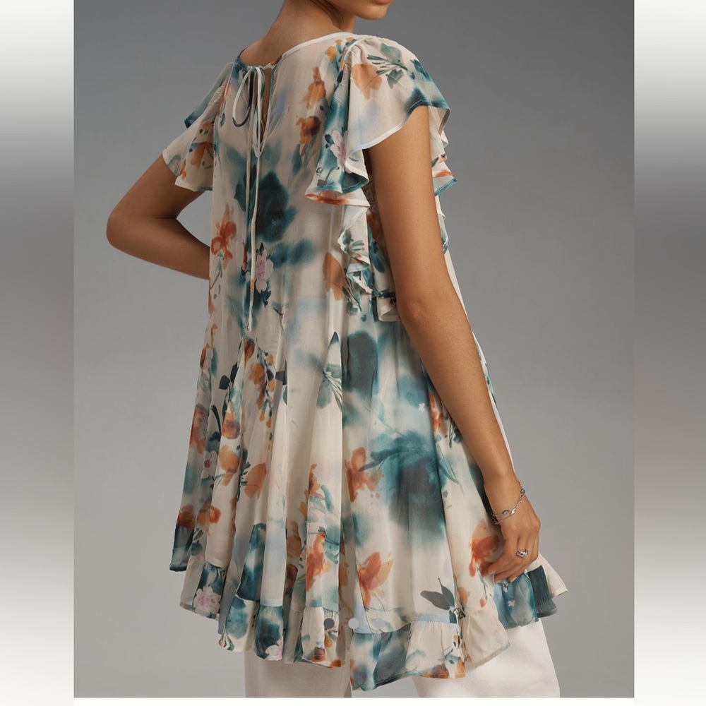 Anthropologie Godet swing tunic top romantic ruffled asymmetric floral blouse S